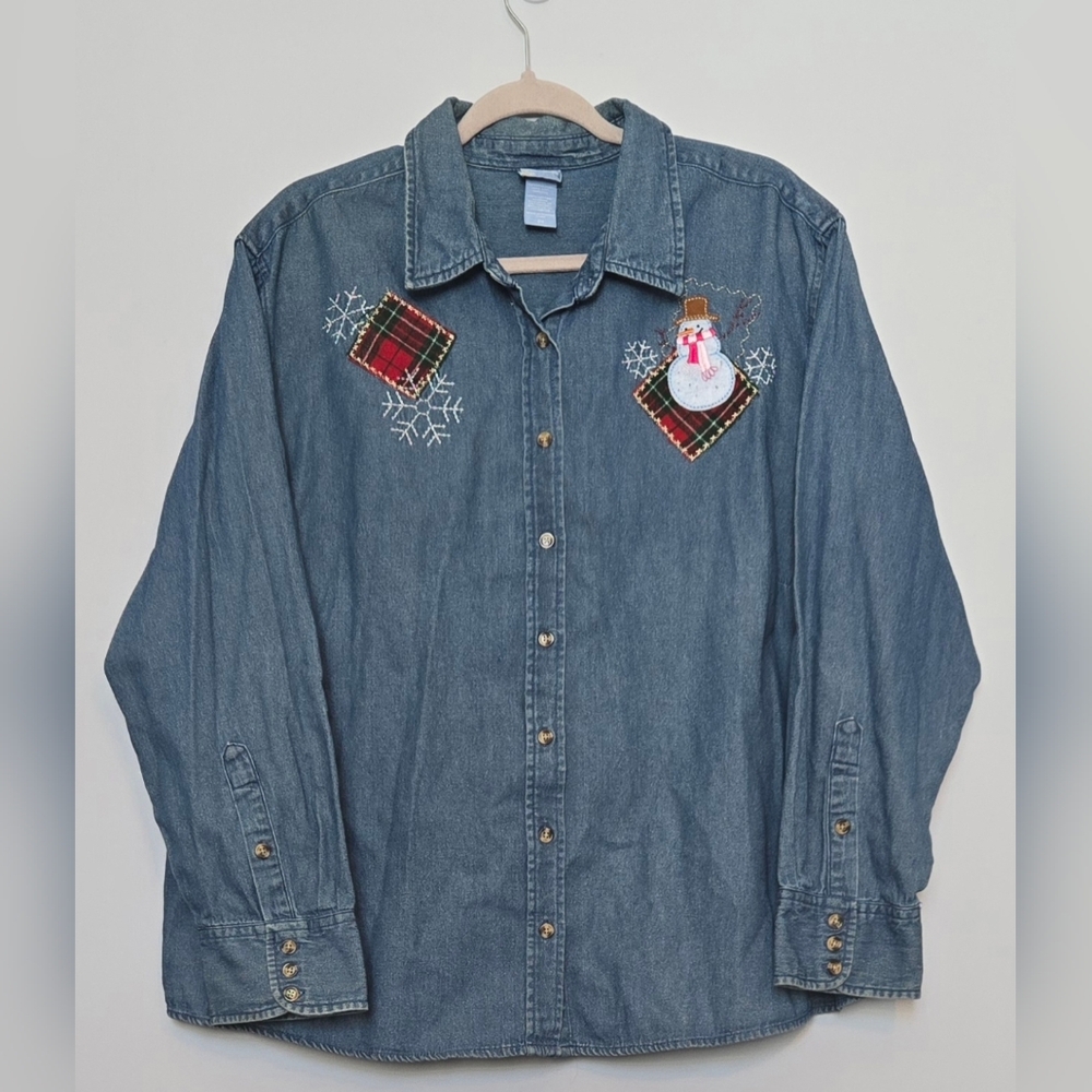 Festive Denim Shirt with Snowman and Plaid Patches Holiday Editions size 2X